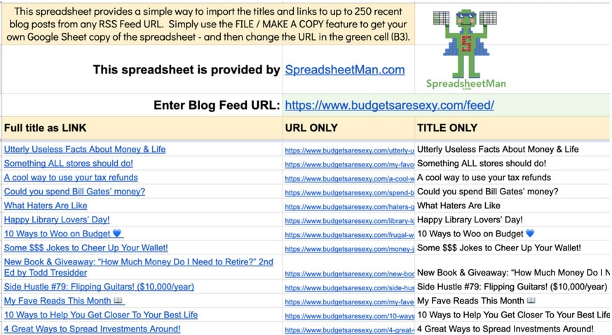 rss blog import spreadsheet